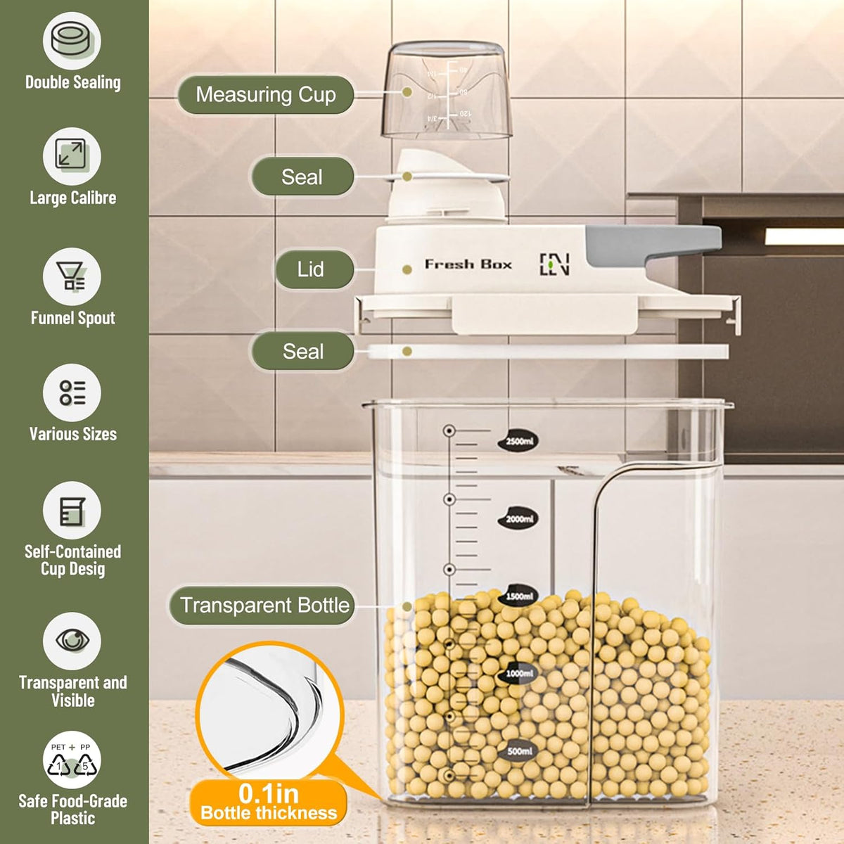 Cereal Storage Container 1Pack,85oz/2.5L Airtight Food Storage Containers With Lids,Organizers Storage With Measuring Cup for Beans,Sugar,Rice,Nuts,Snacks,Pet Food,Candy (Gray, 1Pack Large Size)