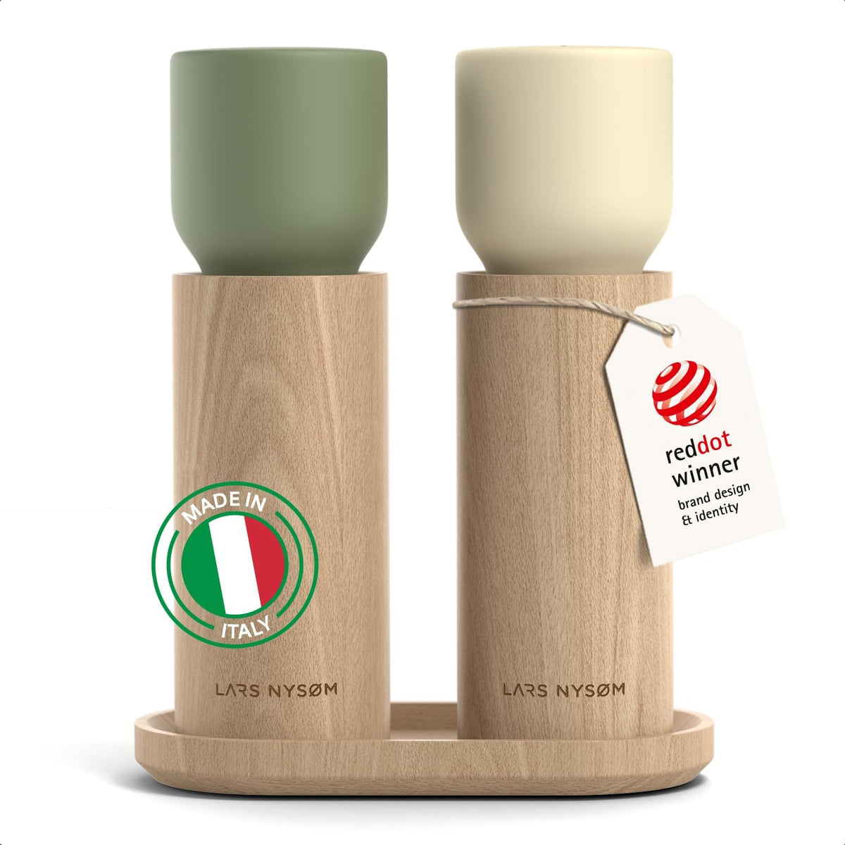 LARS NYSØM Wooden Salt and Pepper Grinder Set Manual with Tray - Salt and Pepper Mills with Adjustable Ceramic Grinder - Elegant Beechwood Pepper and Salt Mill Set for Dining Table (Green/Beige)