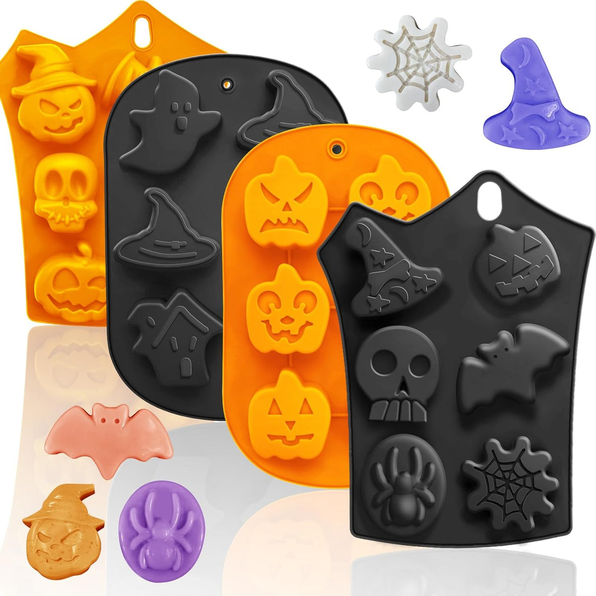 Halloween Silicone Molds Set 19 Shapes Large Baking Molds Pack of 4 Including Pumpkin Skull Ghost Bat Hat Spider Web House Molds, 3D Spooky Homemade Soap Candle Ice Pan Muffin Cupcake Moulds Oven Safe