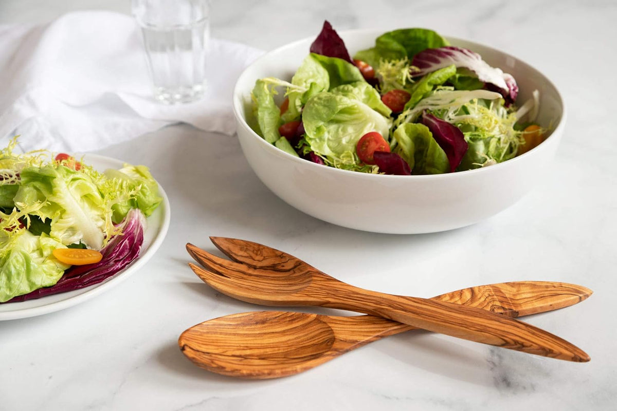 Tramanto Olive Wooden Salad Server Set, 12 inch Long Wood Pair - Tuscan Design
