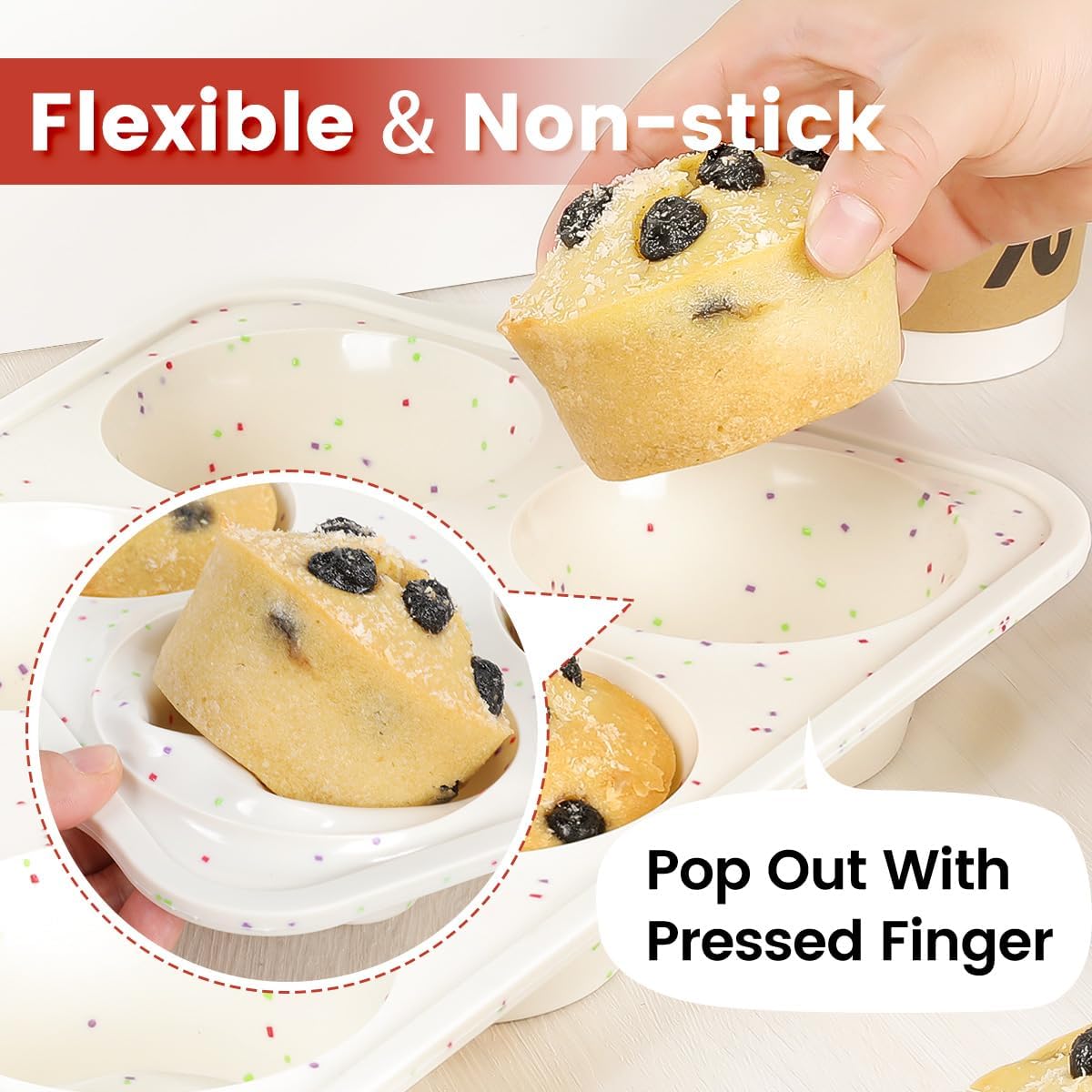 Large Muffin Pan, Metal Reinforced Frame 3.5 Inch Jumbo Silicone Muffin Pan Nonstick 6 Cups for Baking Jumbo Muffin, Frittatas, Jumbo Cupcakes 2 Pack Confetti