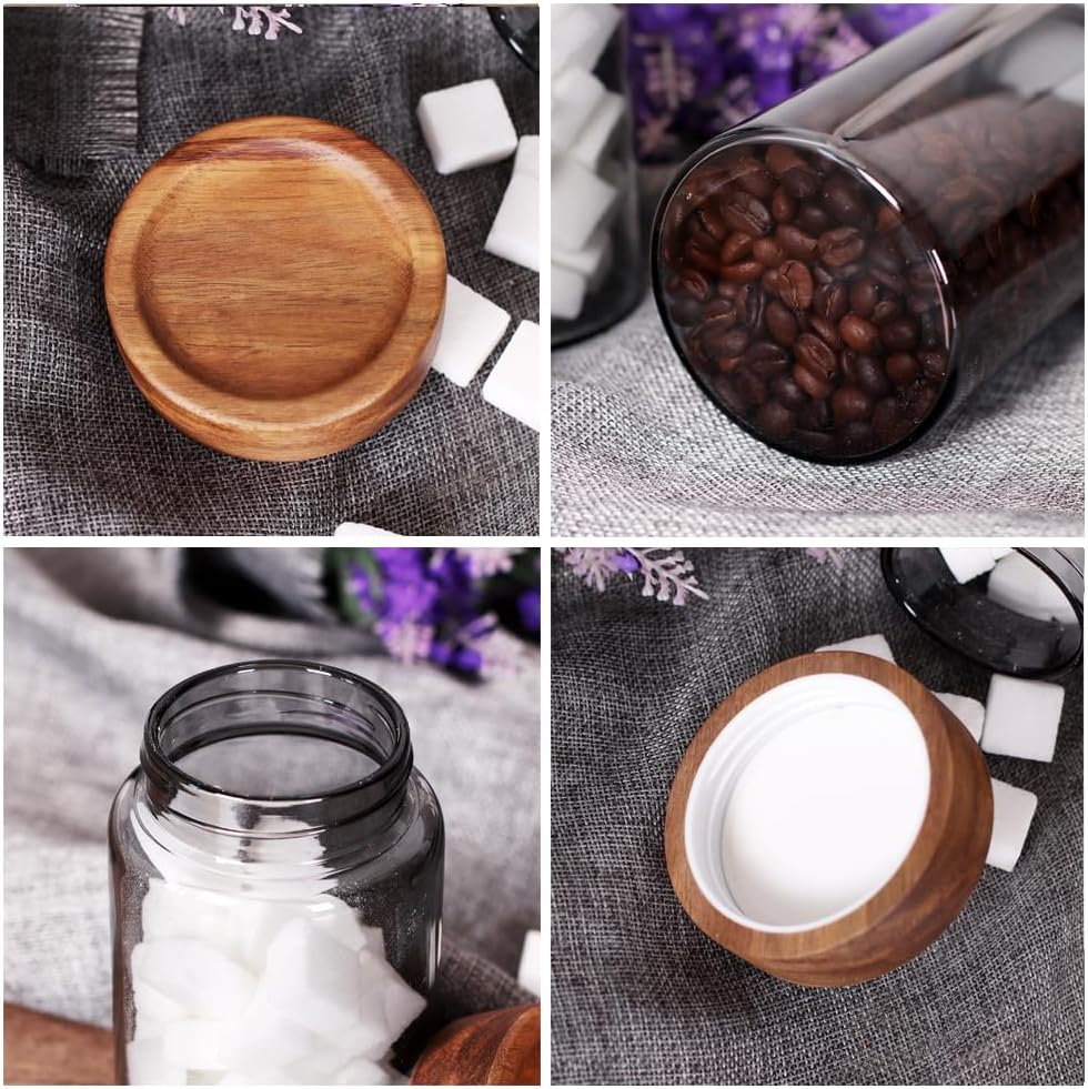 SAIOOL 3 Packs grey Glass Food Storage Jars with Screw Airtight Seal Acacia Wood Lids,Spice Jars with Lids, Organization for Jars Bottles Containers Travel Gear, Sugar, Salt,Coffee, cookies,spices