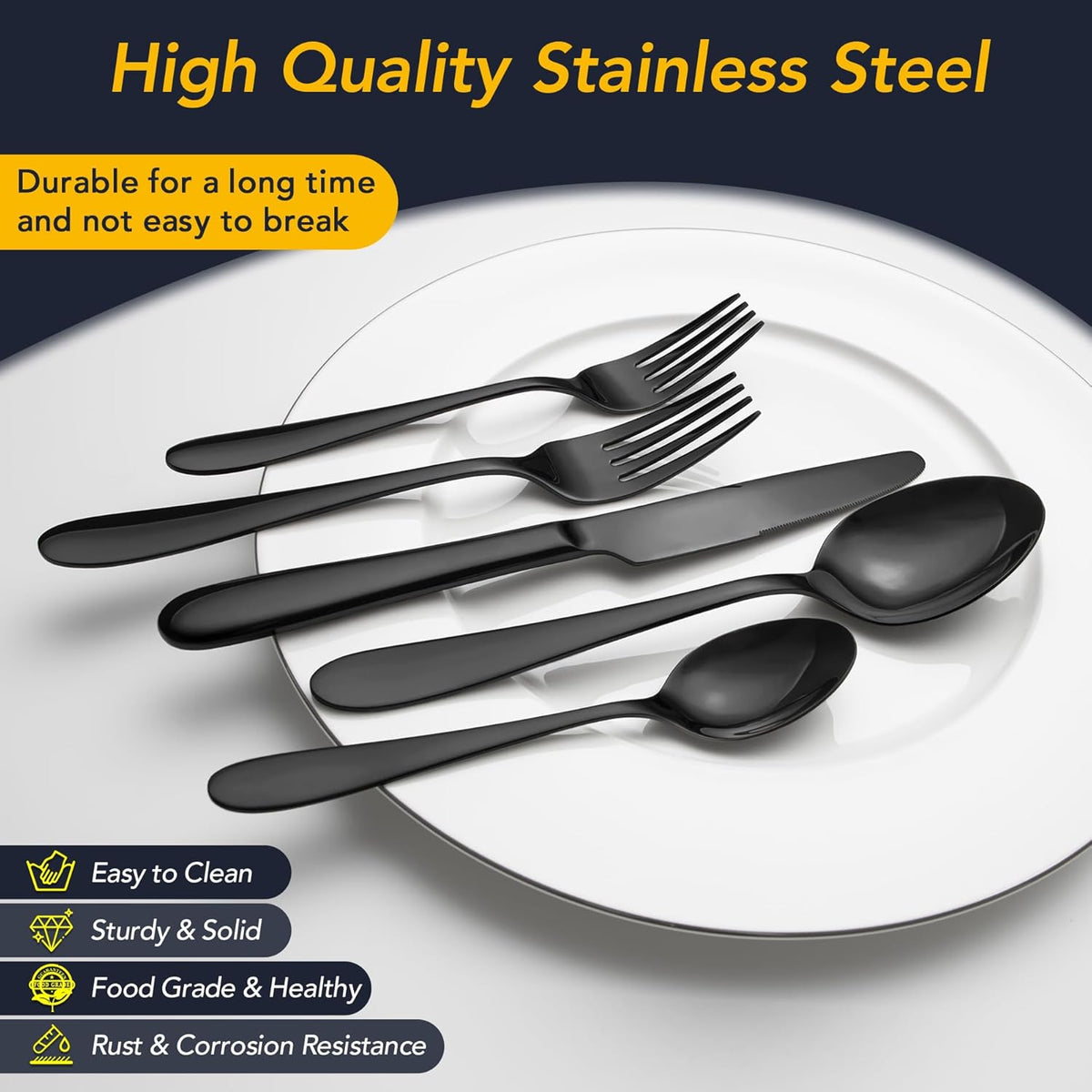 40 Piece Black Silverware Set Service for 8, EIUBUIE Premium Stainless Steel Black Cutlery Set, Mirror Polished Flatware Sets, Modern Kitchen Eating Utensils Sets Include Forks Spoons Knives