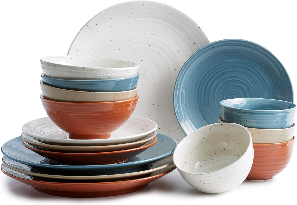 Sango Siterra Painter's Palette 16-Piece Stoneware Dinnerware Set – Service for 4, Multicolor with Unique Flecked Design, Perfect for Everyday Dining & Entertainment, Microwave & Dishwasher Safe