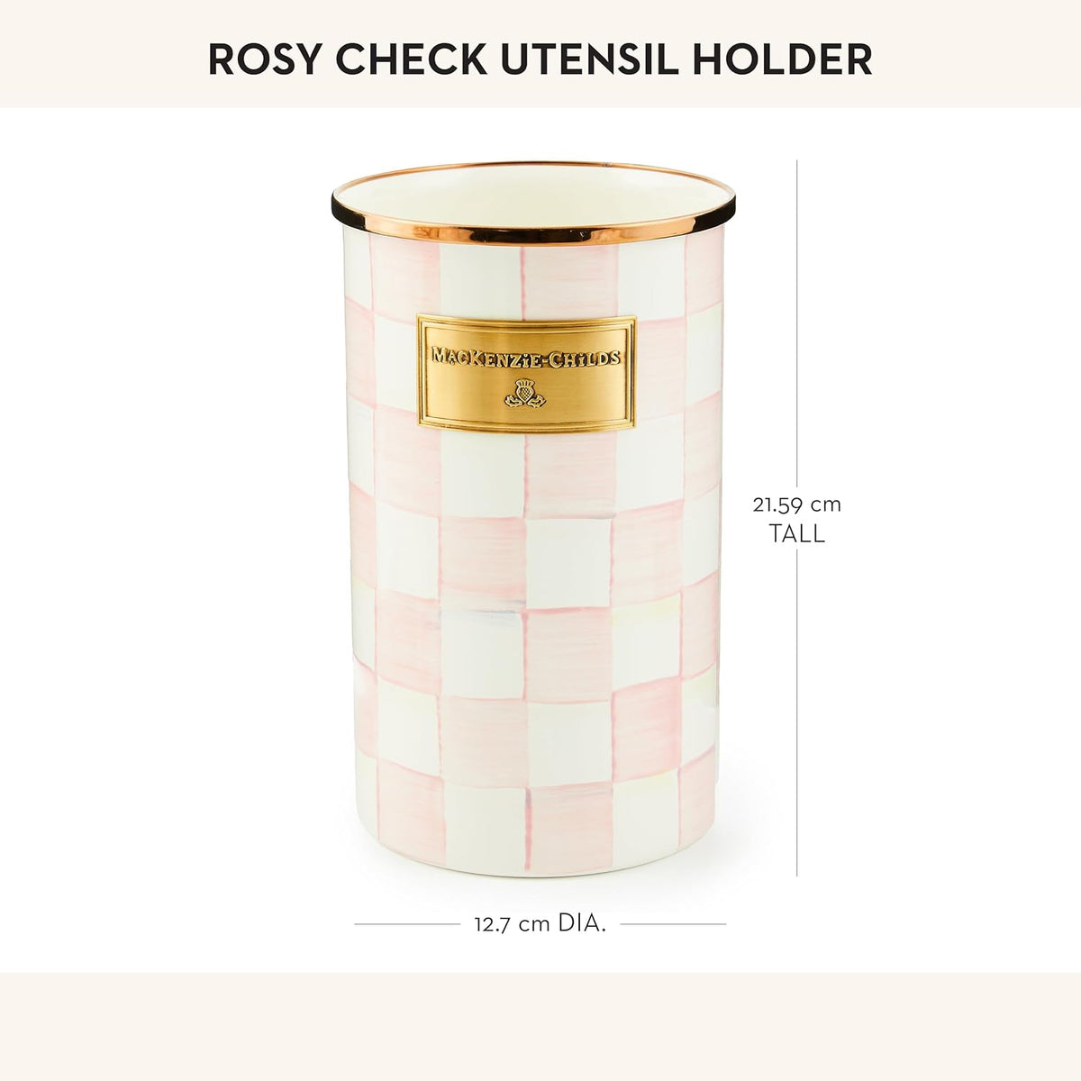 MACKENZIE-CHILDS Enamel Utensil Holder, Kitchen Utensil Holder for Countertop, Storage Caddy, Pink-and-White Rosy Check