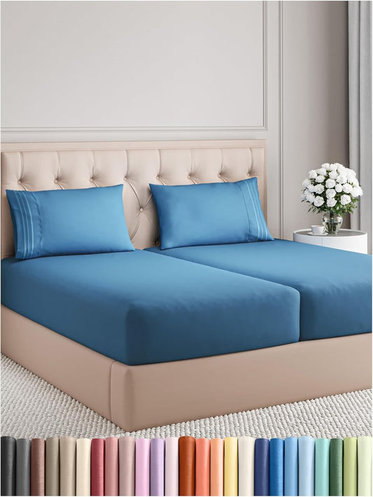 Split King Size 5 Piece Sheet Set - Comfy Breathable & Cooling Bed Sheets Set - Hotel Luxury Bedding for Women, Men, Kids, Teens, Boys & Girls - Deep Pockets and Wrinkle Free - Oeko-Tex - Denim Blue