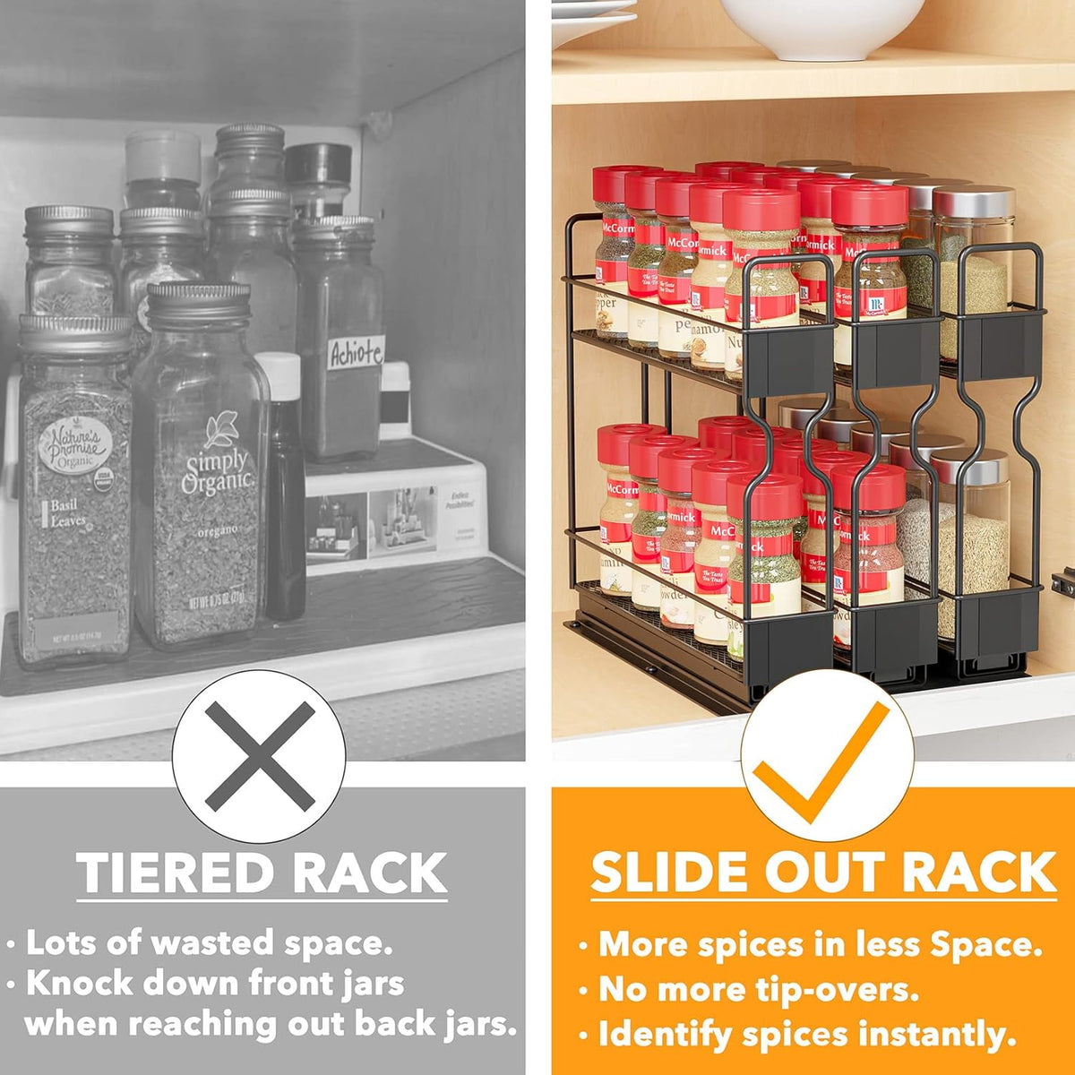 SpaceAid Pull Out Spice Rack Organizer, Heavy Duty Slide Out Seasoning Kitchen Organizer, Cabinet Organizer, with Labels, 7.7" W x10.75 D x10 H, 3 Drawers 2-Tier