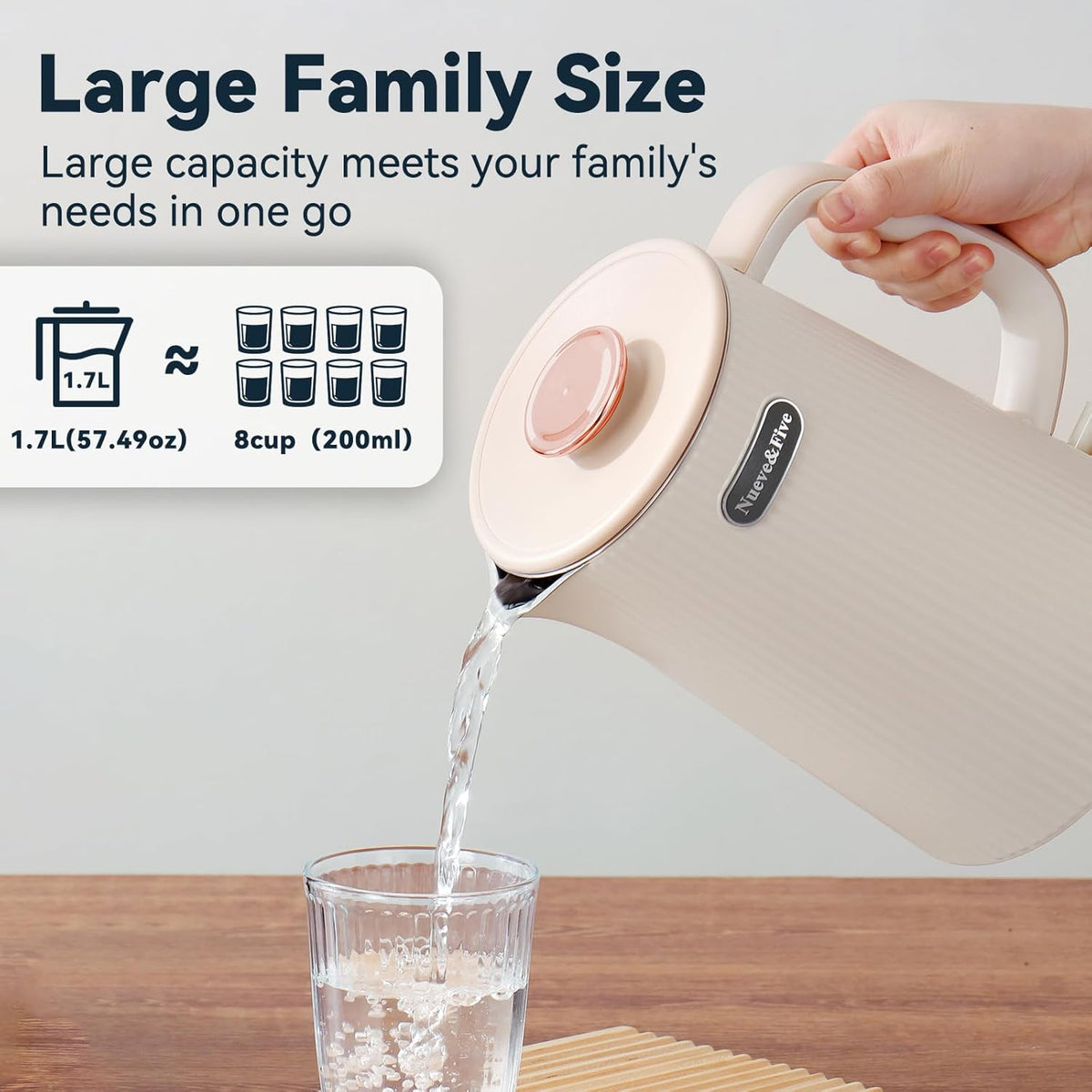 Nueve&Five 1.7L (57oz) Large Electric Kettle Perfect for 7+Cups of Tea and Coffee,2 quarts Double Wall Big Electric Tea Kettle,Auto Shut Off,1200W Hot Water Kettle Electric -Cream White