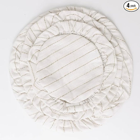 100% Linen Stripe Bowl Covers Reusable For Bread Proofing, 4 Pcs Elastic Cloth Fabric Bowl Covers, 5.9 * 7.9 * 9.8 * 11.8 Inches, White