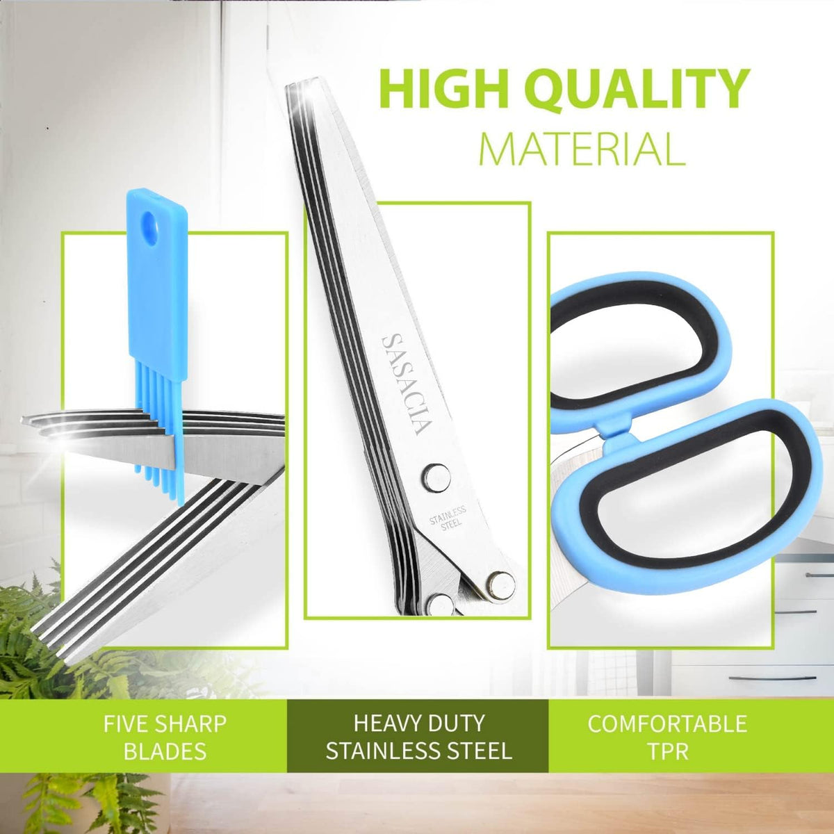 Herb Scissors with 5 Blades & Cleaning Kit, Stainless Steel Kitchen Shears for Herbs, Lettuce, Cilantro, Dishwasher Safe, Soft-Grip Handle