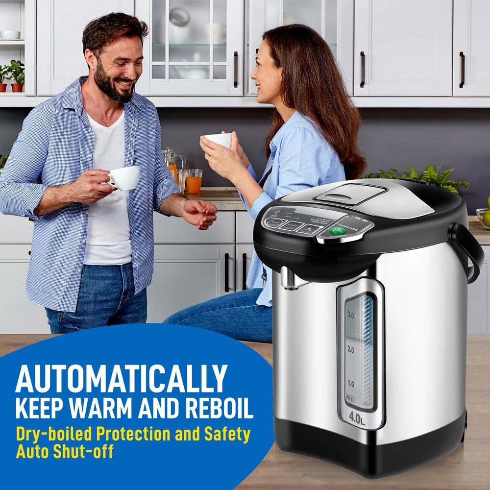 NutriChef Electric Water Boiler and Warmer - 4L/4.2Qt Stainless Steel Electric Hot Water Dispenser w/Rotating Base, Auto Shut Off, Safety Lock, Instant Heating for Coffee & Tea (NCHUB24)