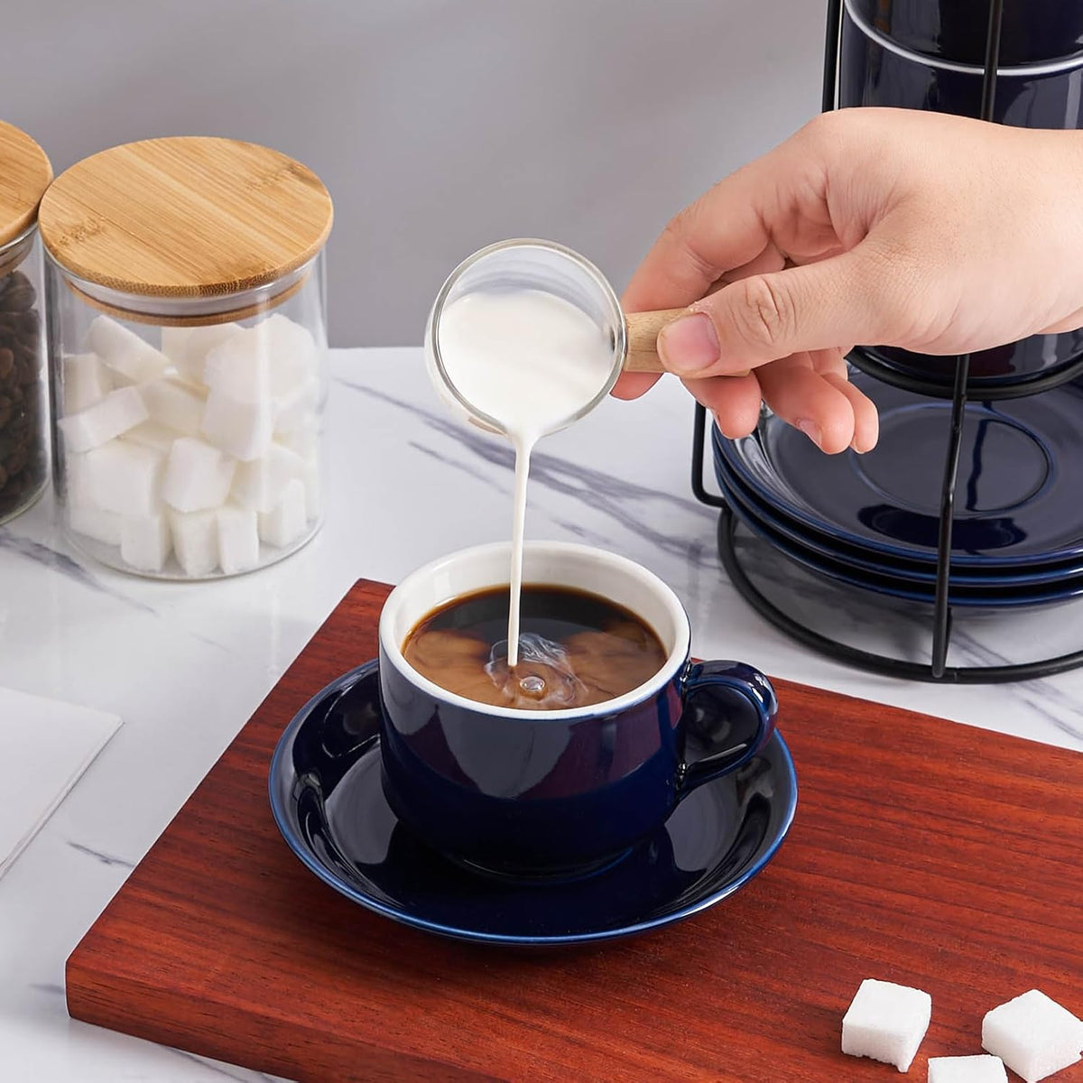 YOLIFE 8oz Porcelain Stackable Cappuccino Cups with Saucers and Metal Stand Set of 4, Coffee cups for Espresso, Specialty Coffee Drinks, Latte, Americano and Tea - Blue