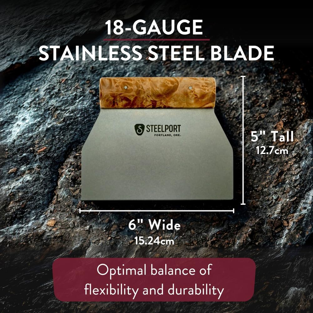 STEELPORT Bench Scraper | USA Made Premium Stainless Steel Dough Cutter & Shaper | Ideal as Bread, Pizza, Pastry Cutter | 18 Gauge Steel Blade, Tapered Oregon Maple Burl Handle | Home & Commercial Use
