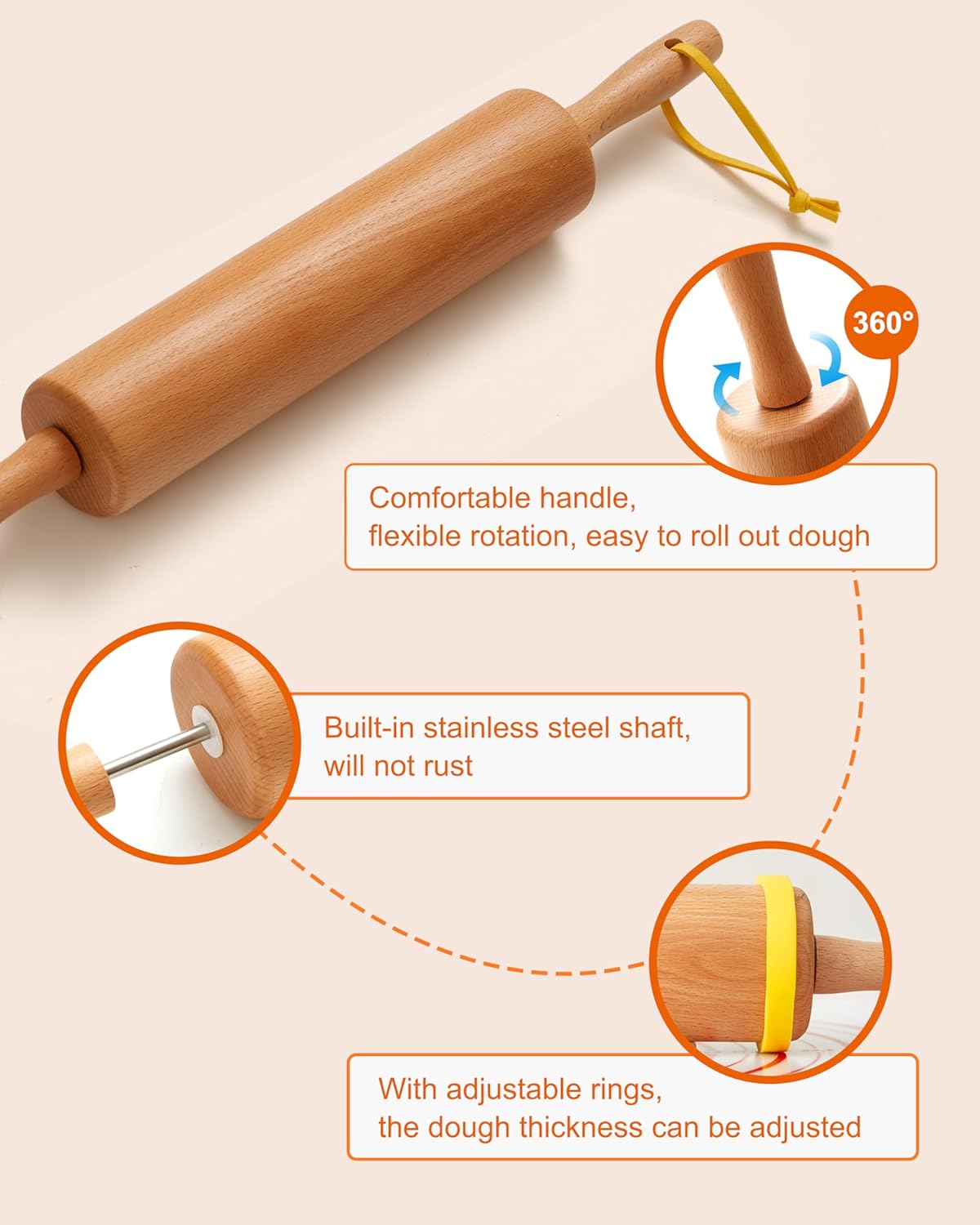Classic Wood Rolling Pin, 17" Rolling Pins for Baking with Silicone Mat and Adjustable Thickness Rings, Pasta Roller with Wood Base, Fondant Roller for Pie Crust, Cookies, Pizza Dough and Bread