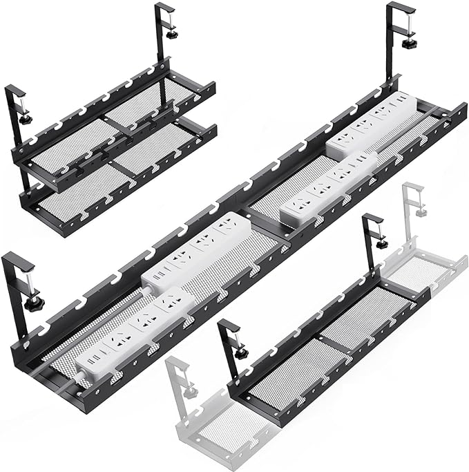 31Inch Extendable Under Desk Cable Management Tray Multi-Model Metal Cable Management Tray Under Desk Cord Management with Clamp Power Strip Cord Holder for Wire Cable Management, Black