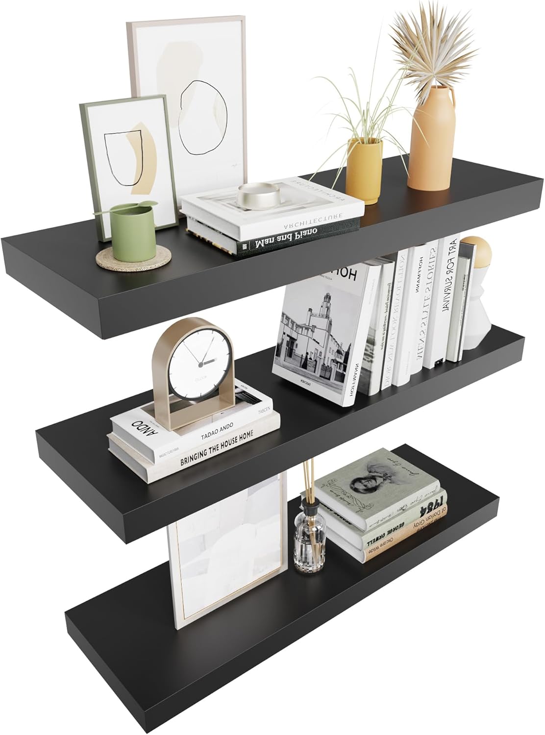 Colima Floating Shelves for Wall Black Wood Wall Shelf for Bedroom, 24 Inch Wall Mounted Floating Shelves for Bathroom Living Room Kitchen Office, 1.3" Thick Floating Book Shelves for Wall, Set of 3