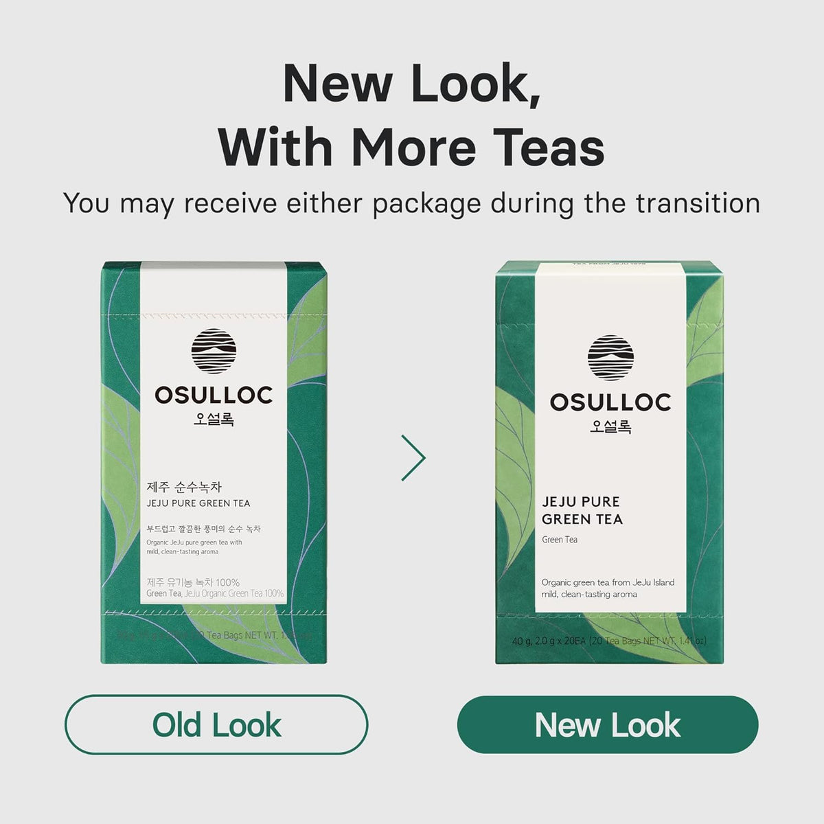 OSULLOC Pure Green Tea (Mild, Clean tasting Aroma), USDA Organic, Premium Blended Tea from Jeju, Tea Bag Series 20 count