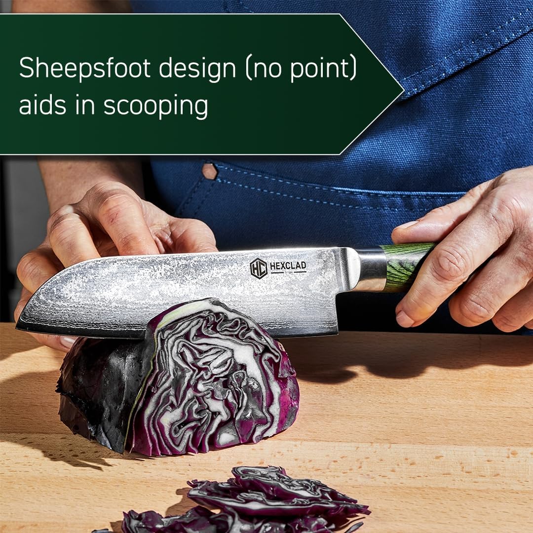 HexClad Santoku Knife, 7-Inch Japanese Damascus Stainless Steel Blade, Pakkawood Handle