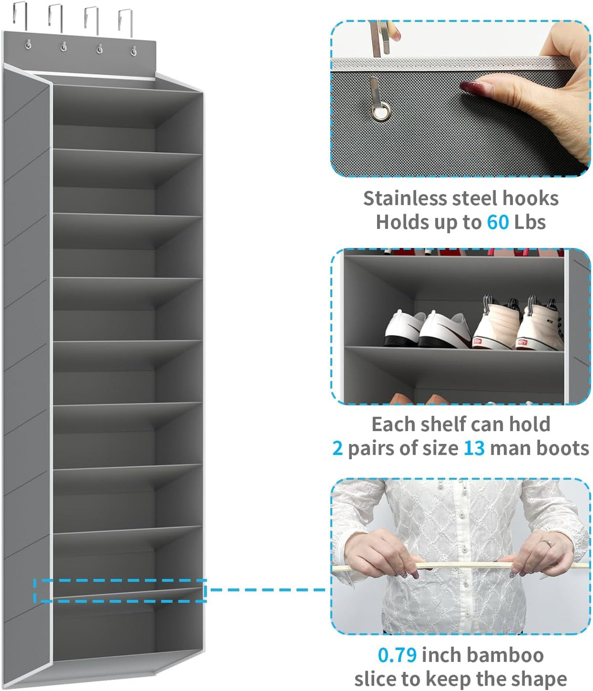 REGELETO 10 Tiers Large Size Over Door Shoe Organizer Storage, Hanging Shoe Rack for Door with Deep Pockets, Fit 20-30 Pairs Shoe Organizer Holder for Sneakers and Boots (Grey)