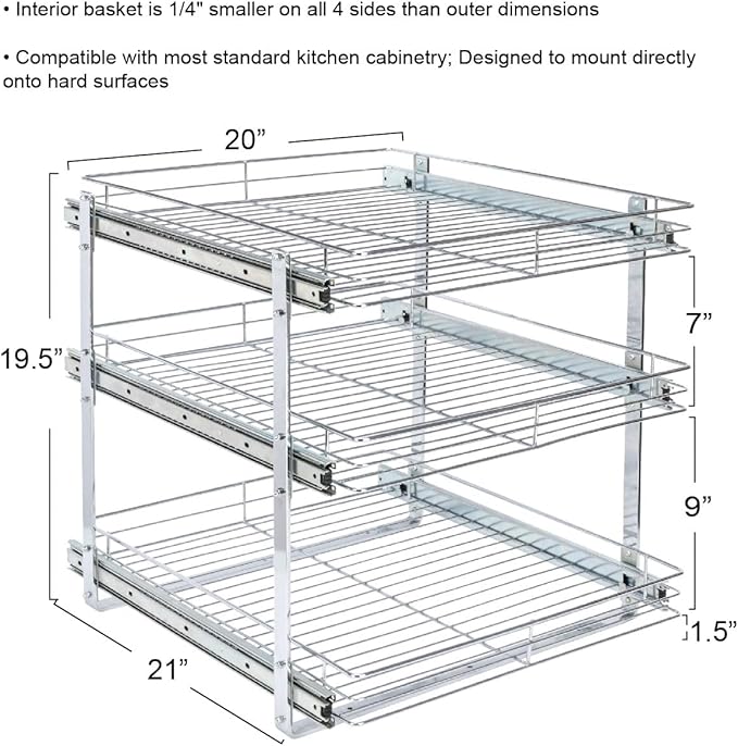 Household Essentials Glidez Multipurpose Chrome-Plated Steel Pull-Out/Slide-Out Triple-Sliding Storage Organizer for Cookware and Bakeware - 3-Tier Design - Fits Standard Size Cabinet or Shelf, Chrome