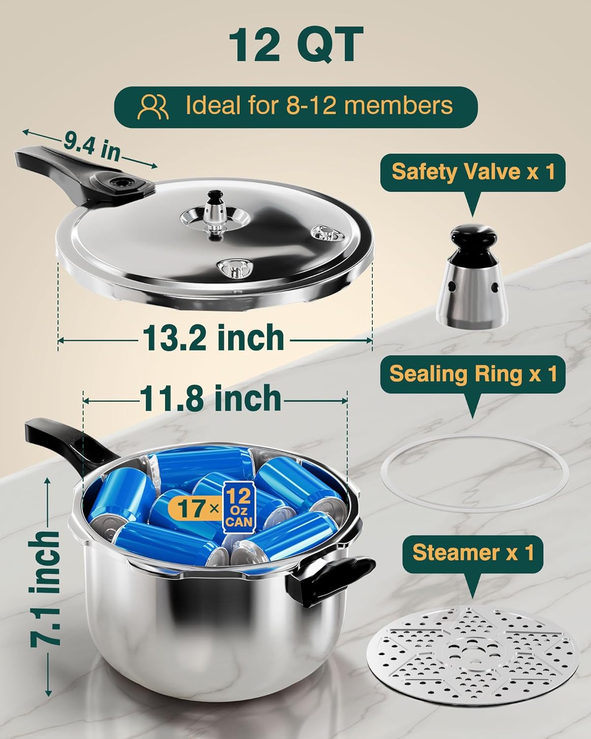 WantJoin Pressure Cooker, 12 Quart Stainless Steel Pressure Canner, Induction Compatible Cookware with Spring Valve Safeguard Devices,Compatible with Gas & Induction Cooker