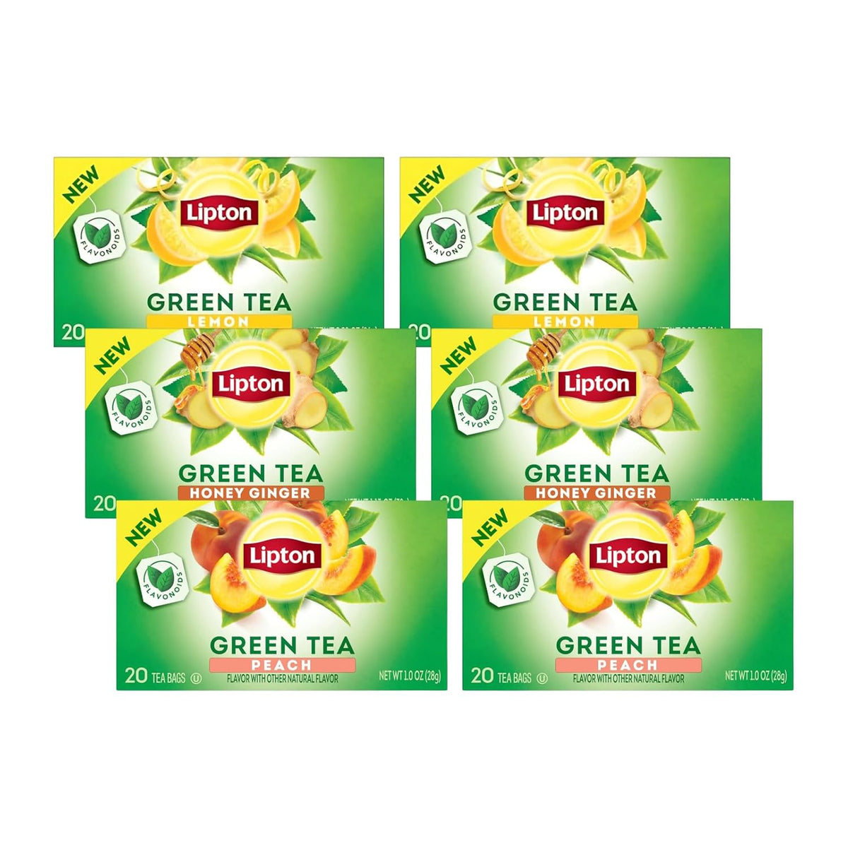 Lipton Honey Ginger Green Tea, Lemon Green Tea, & Peach Green Tea 20 CT (2ea) (Variety Pack)