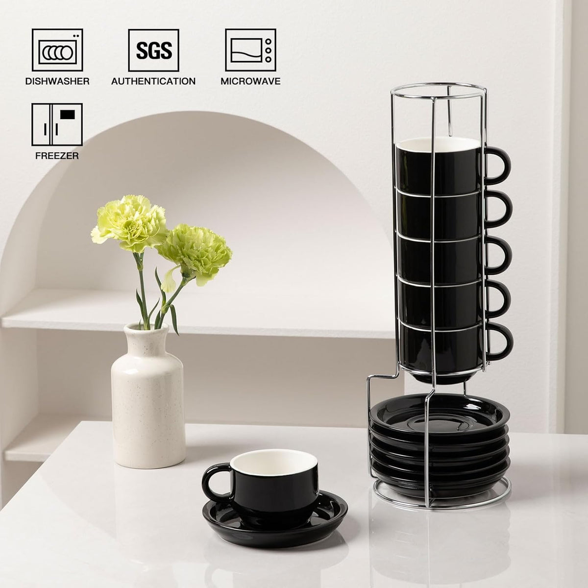 Sweejar Ceramic Espresso Cups Set of 6, Espresso Cup Stackable, 4 Oz Stackable Cappuccino Cups with Saucers and Metal Stand for Coffee Drinks, Americano, Latte, Tea (Black)