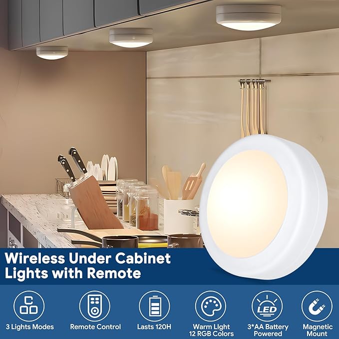 Yiliaw LED Puck Lights with Remote Control, AA Battery Operated, 12 Color Closet Under Cabinet Lighting, Push Tap Light, Under Counter for Kitchen, 3 Pack, White-Magnetic