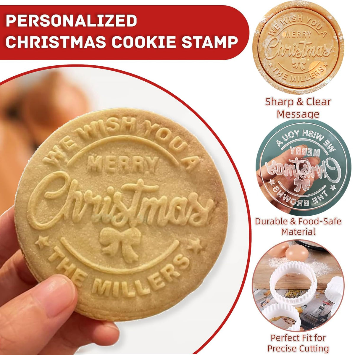 Personalized Christmas Cookie Stamps Customizable Name Cookie Stamps With Handle Cutter For Cookie Baking Decorating Cakes And Handmade Christmas Gifts Perfect (Raised cookie design)