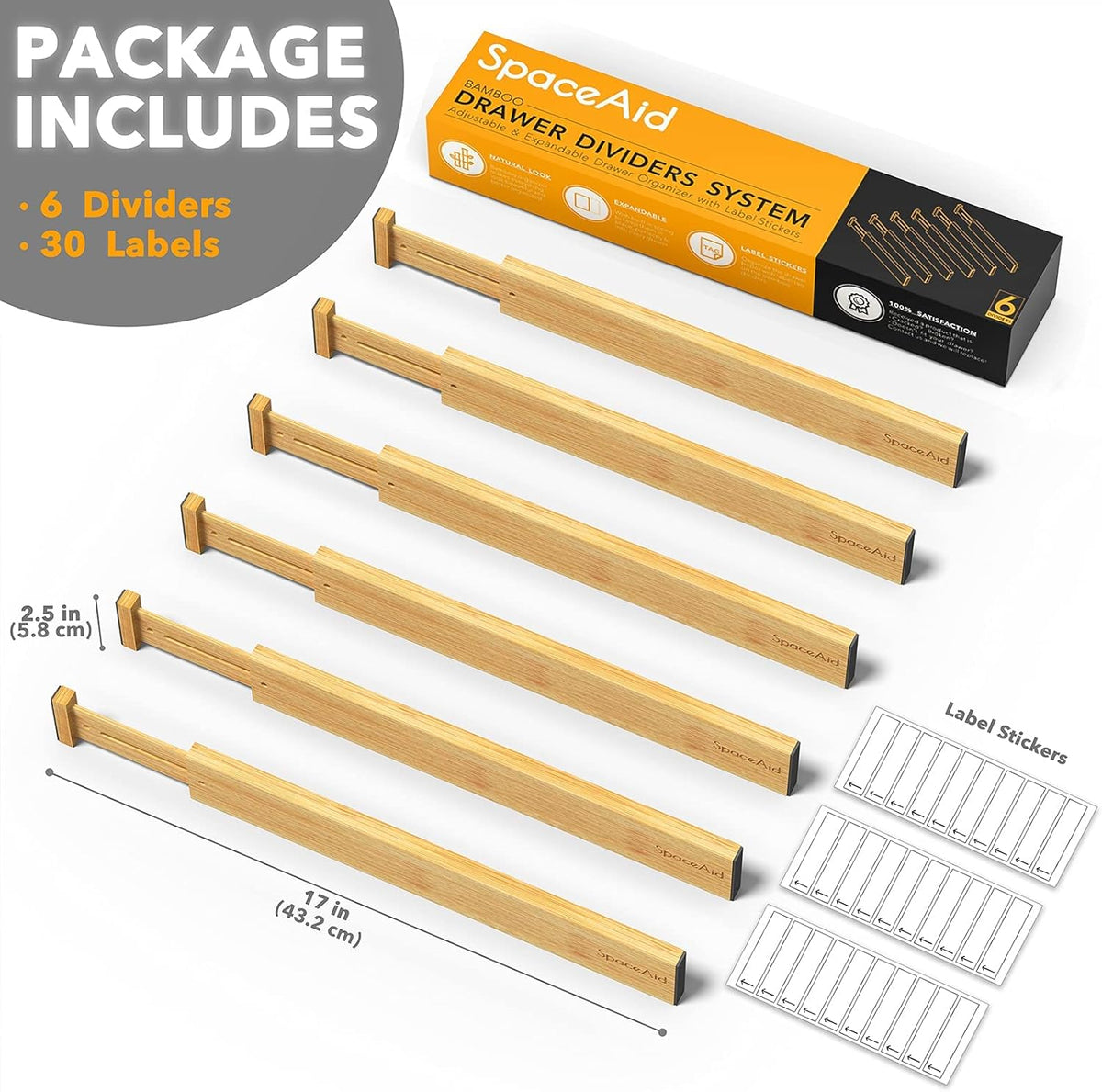 SpaceAid Bamboo Drawer Dividers with Labels, Kitchen Adjustable Drawer Organizers, Expandable Organization for Home, Office, Dressers and Bathroom, 6 Dividers (13.25-17 in)