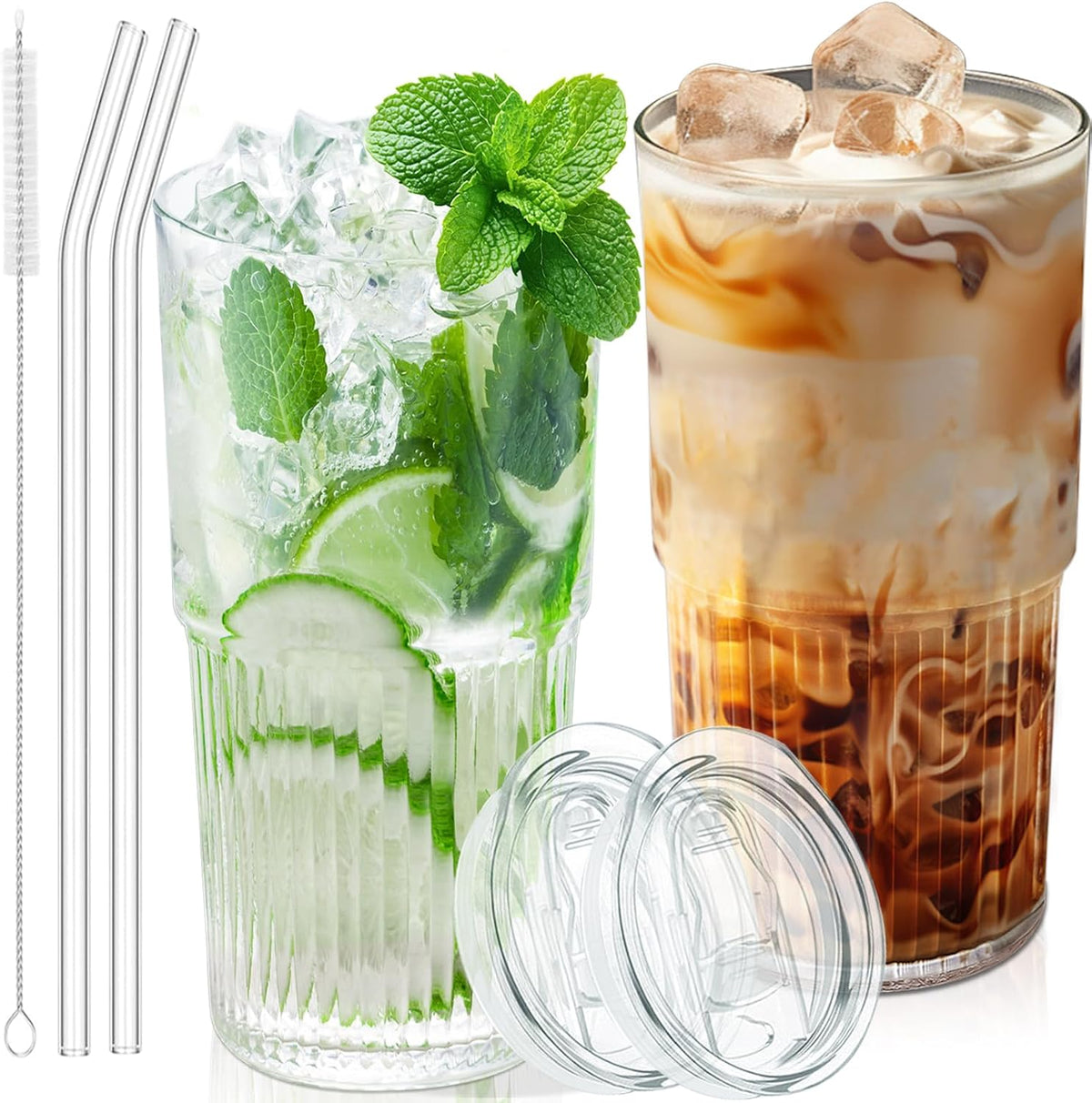 18.5oz Glass Cups with Lids and Straws - Set of 2 Reusable Tumblers, Thickened Shatter-Resistant Glass, Ideal for Iced Coffee, Smoothies, Cocktails, Juices - Elegant & Durable Drinkware