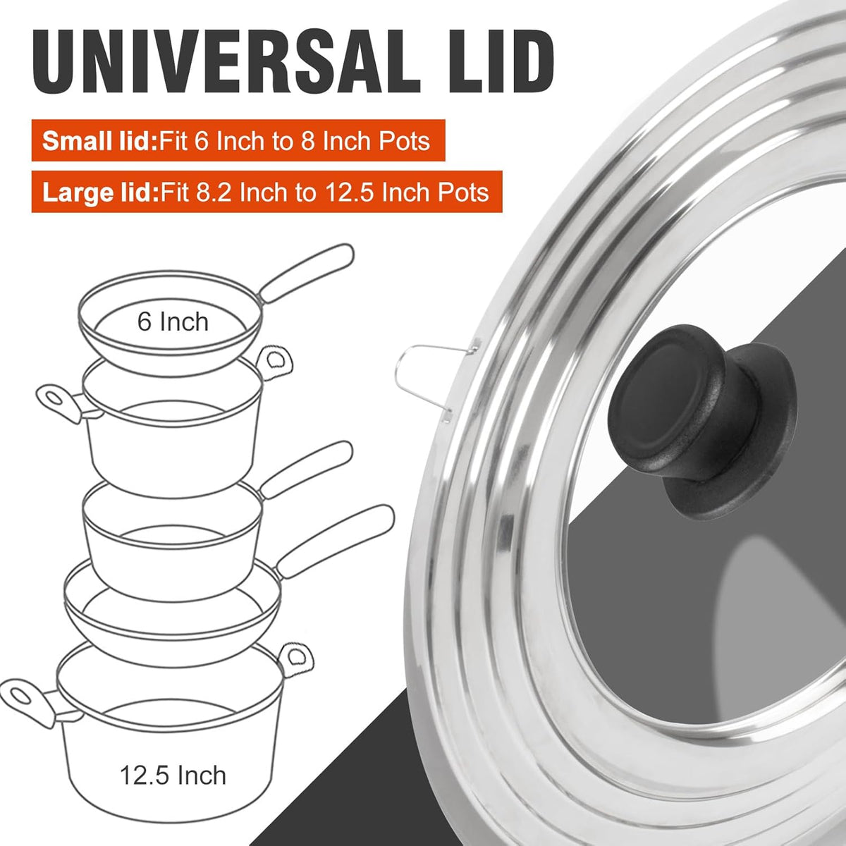 Universal Lids with Tempered Glass Top Fits 6, 7, 8 & 8.2, 9, 10, 11, 12, 12.5 Inch Cookware, Replacement Frying Pan Cover for Pots, Pans and Skillets, Cast Iron Lids for Space Saving