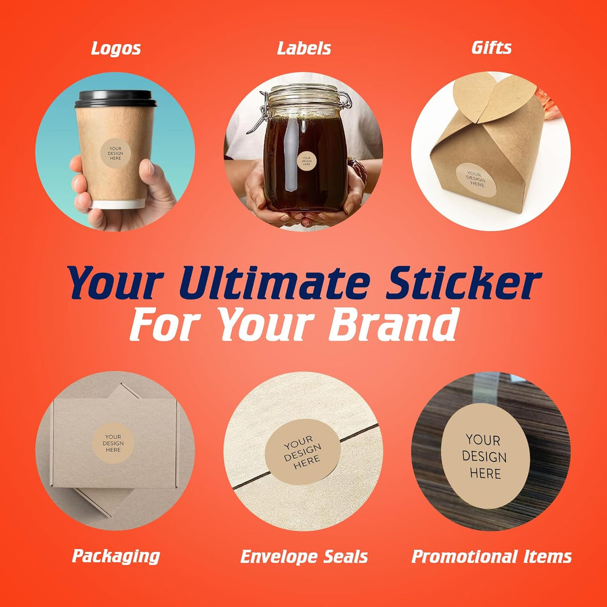 100 Custom Vinyl Stickers - Upload Your own Image, Text, Design, Logo - Personalized Logo Labels for Handmade, Packaging, Bottle, Jars, Candle, Brand Stickers (Brown, 1x1)