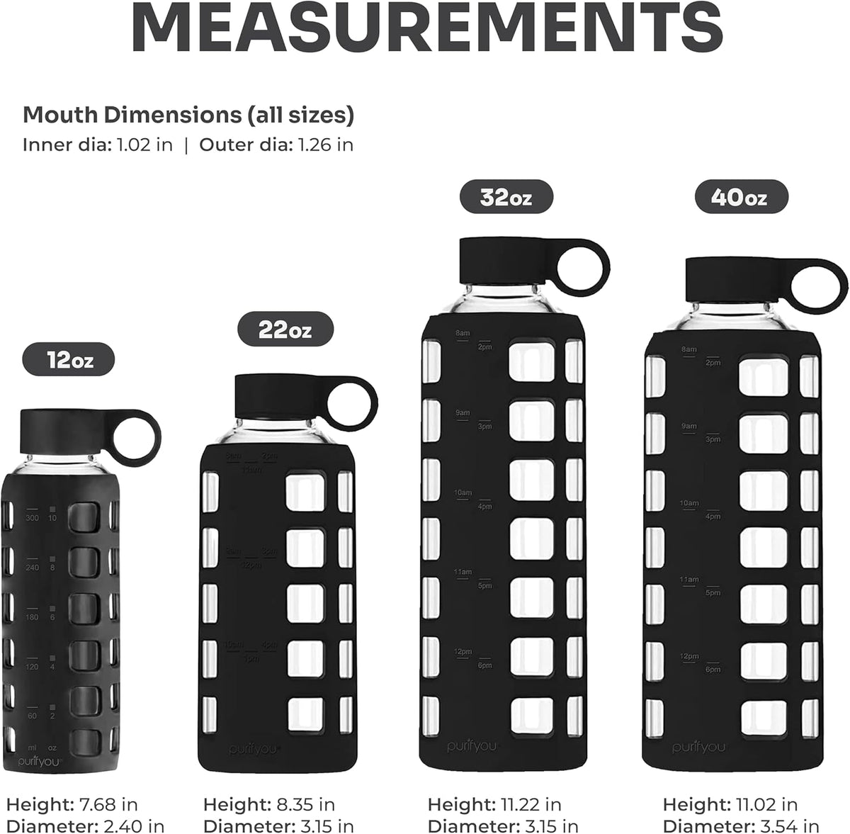 purifyou 40/32 / 22/12 oz Glass Water Bottles with Volume & Times to Drink, Extra Thick Silicone Sleeve, Reusable Bottle for Fridge Water, Milk, Juice (32oz Jet Black)
