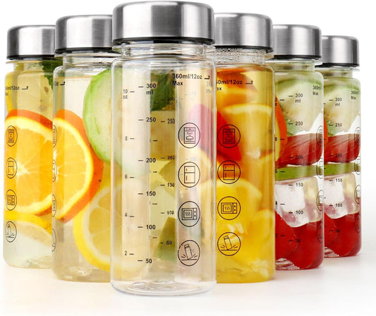 6 Pack Juice Bottles with Caps - Wide Mouth Resuable Clear Plastic Water Bottles for Juicing,Smoothie,Protein, Beverage,Storage Containers,BPA Free,Leakproof Stainless Steel Lid(12 Ounces)