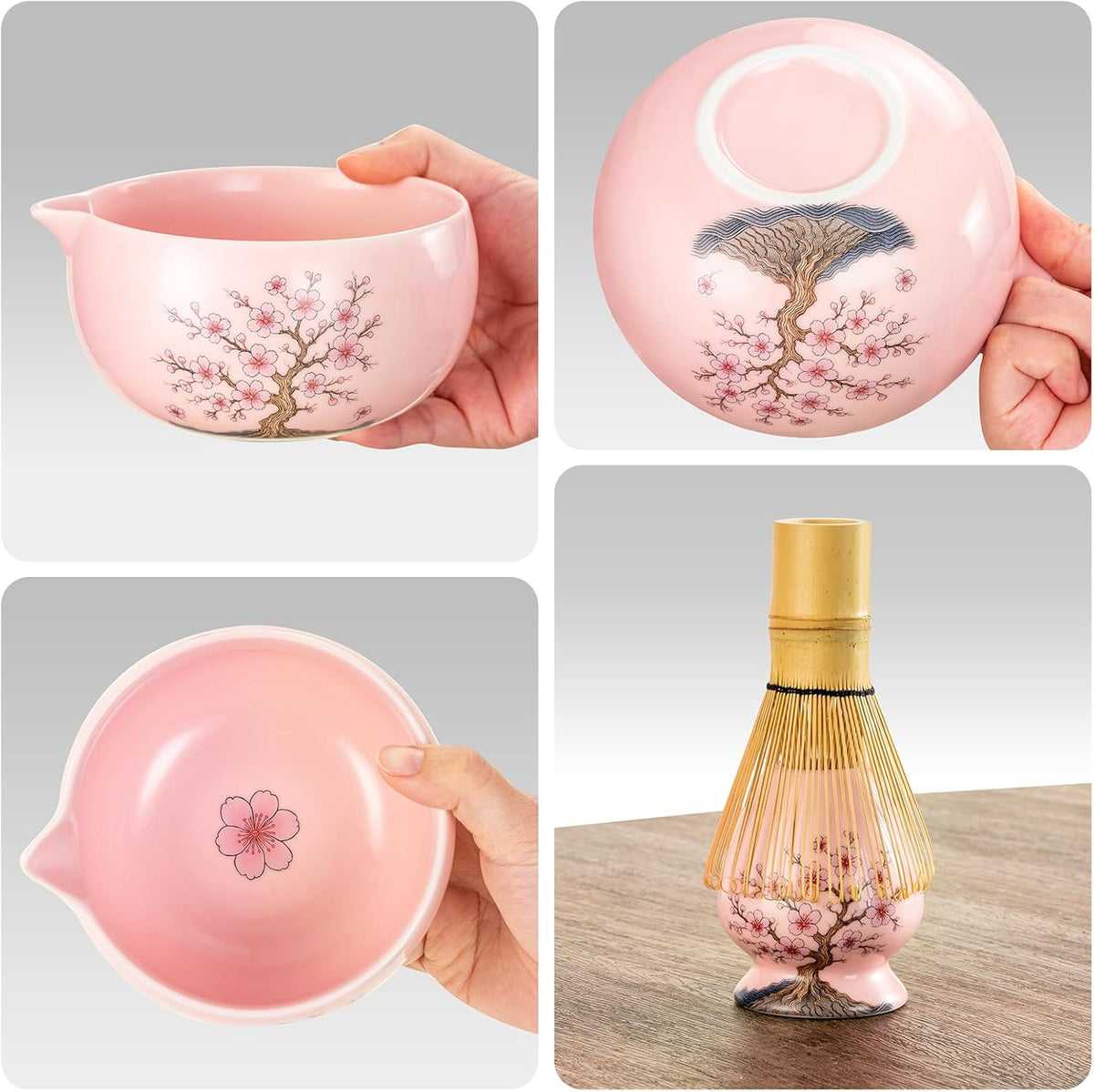 DELLAN Matcha Whisk Set, Cherry-Blossom Matcha Set Making Kit Includes Ceramic Matcha Bowl, Whisk and Holder, Bamboo Scoop, Scoop Rest, Sifter, Greeting Card and Tea Towel - 8 Pcs Matcha Set Pink