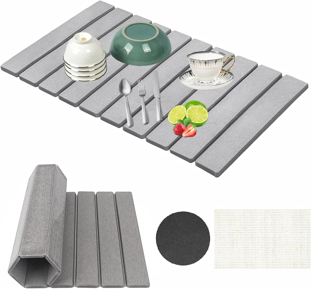 Stone Drying Mat for Kitchen Counter, Collapsible Dish Drying Mat, Fast Drying Diatomaceous Earth Dish Drying Mats, Water Absorbent Diatomite Kitchen Mat (grey, medium)