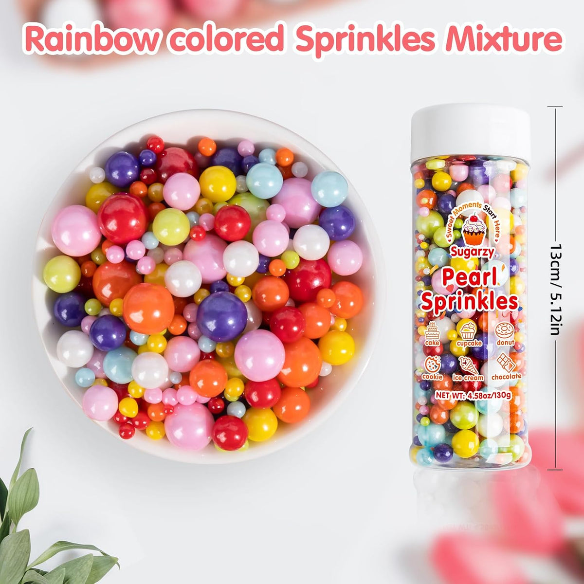 Edible Rainbow Pearl Sprinkles,Colorful Pearl Candy Sprinkles Mixed,Mother's Day Baking Decorating,Pastel Edible Cake Decorations,Perfect for Baking,Ice Cream,Cookies,Cupcake Toppers,Birthday Wedding Party Desserts Supplies,130g/4.58oz
