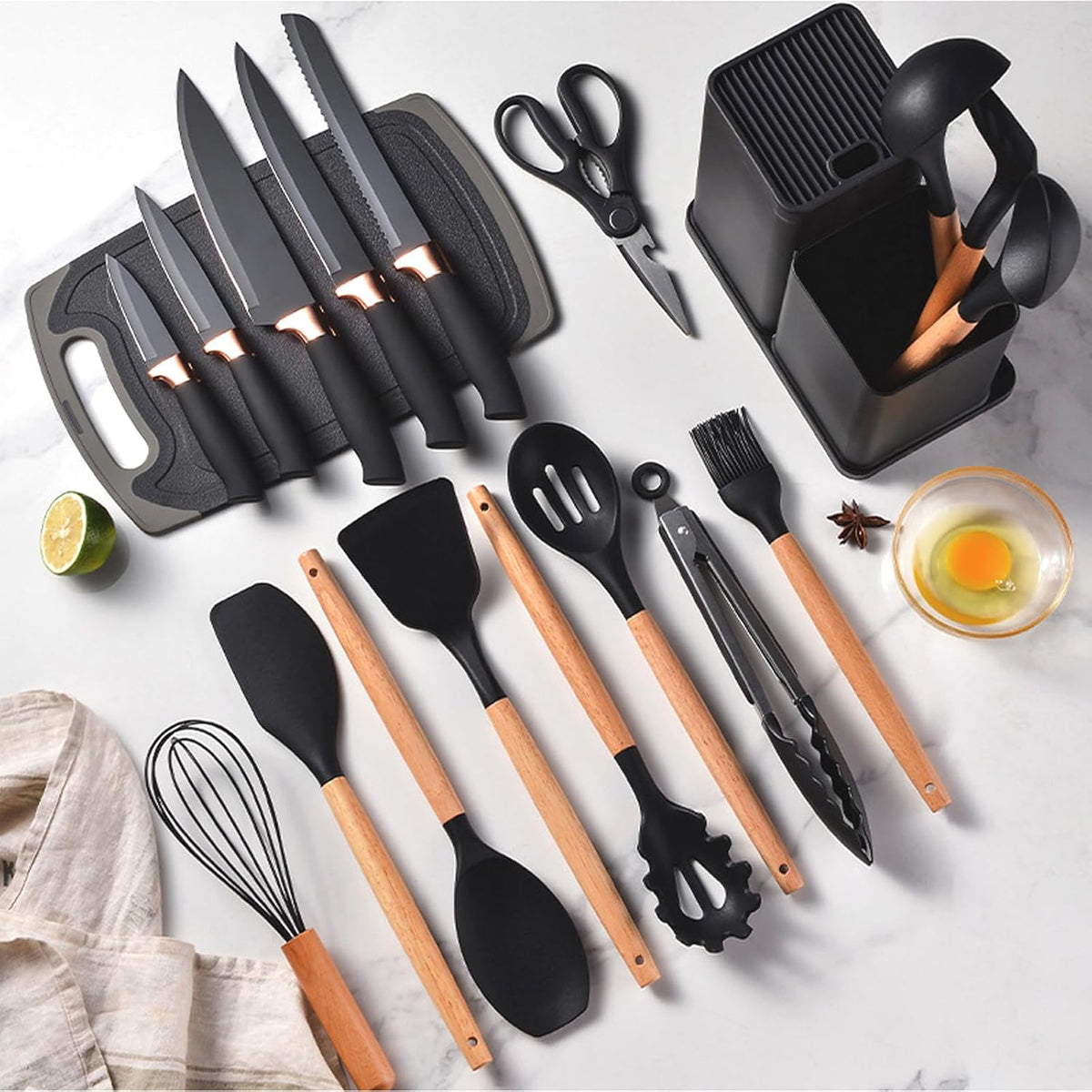 Cooking Utensils Set,19 Kitchen Set Utensils Set with 11 Pieces Spatula Cooking Utensils,Heat Resistant Silicone Utensils 6 Piece Sharp Knife Set 2 Pieces Utensil Cutting Board (Black 19 PCS Set)