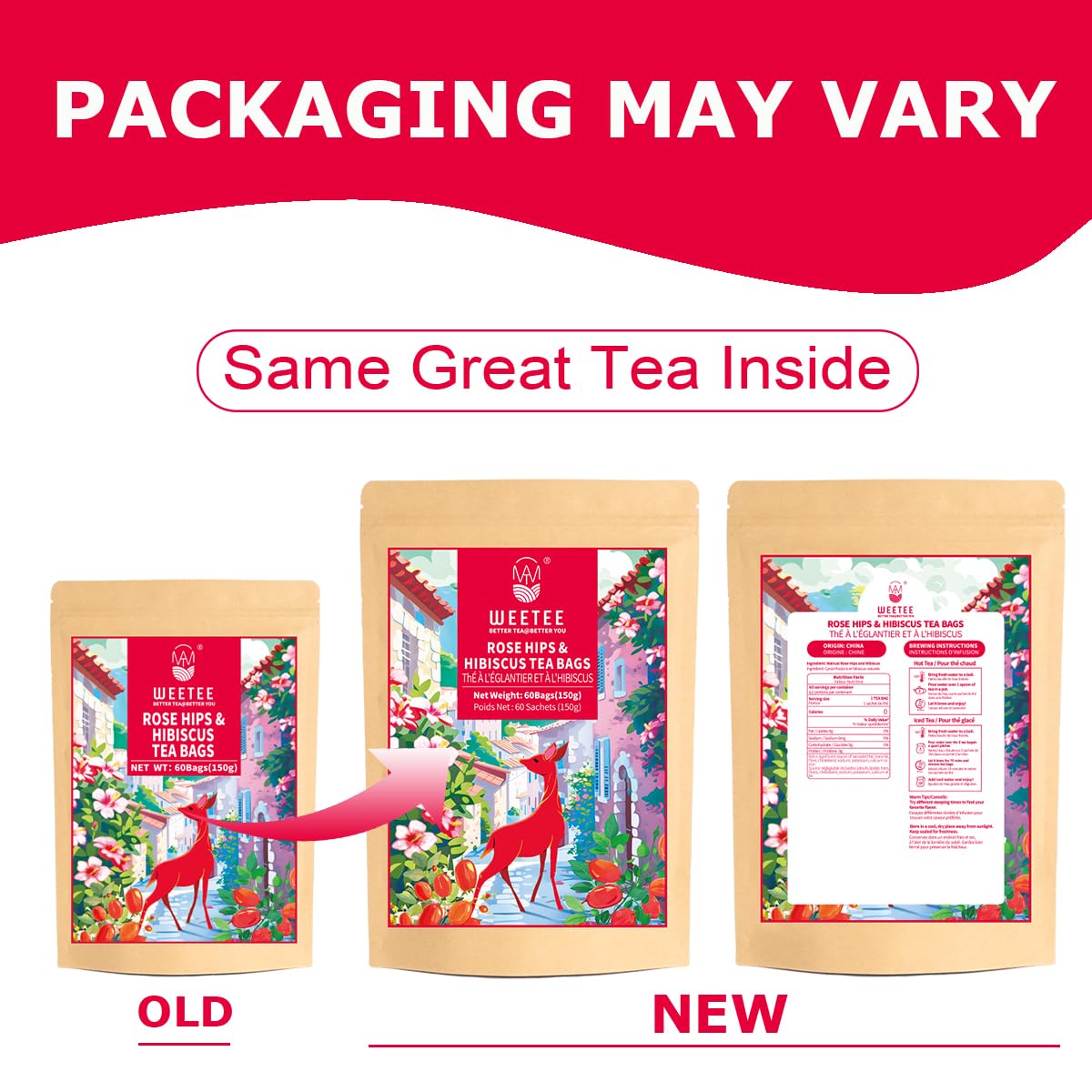 WT WEETEE Rosehips Hibiscus Tea Bags, Made with Rosehip & Hibiscus Flowers, Natural Caffeine-free Herbal Tea 2.5g x 60 Counts