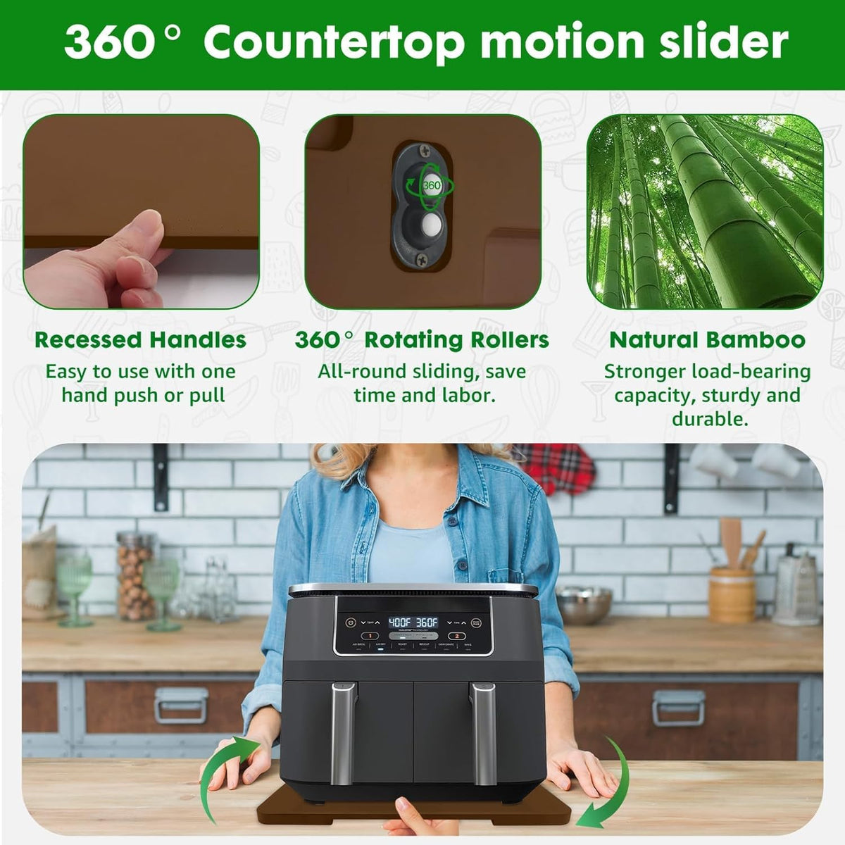 Appliance Slider 360° Rolling Tray for Coffee Maker- Bamboo Coffee Pot Slider Tray for Countertop Rotation Sliding Tray with Wheels, Appliances Mat Easily from Under the Cabinet, Brown (15.7"×13")