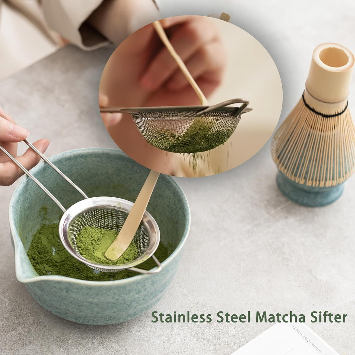 Matcha Set, Matcha Whisk Set Includes Matcha Bowl, Matcha Whisk Holder, Bamboo Matcha Whisk, Scoop and Matcha Sifter, 17 oz Mottled Blue Glaze Ceramic Matcha Kit for Tea Lovers