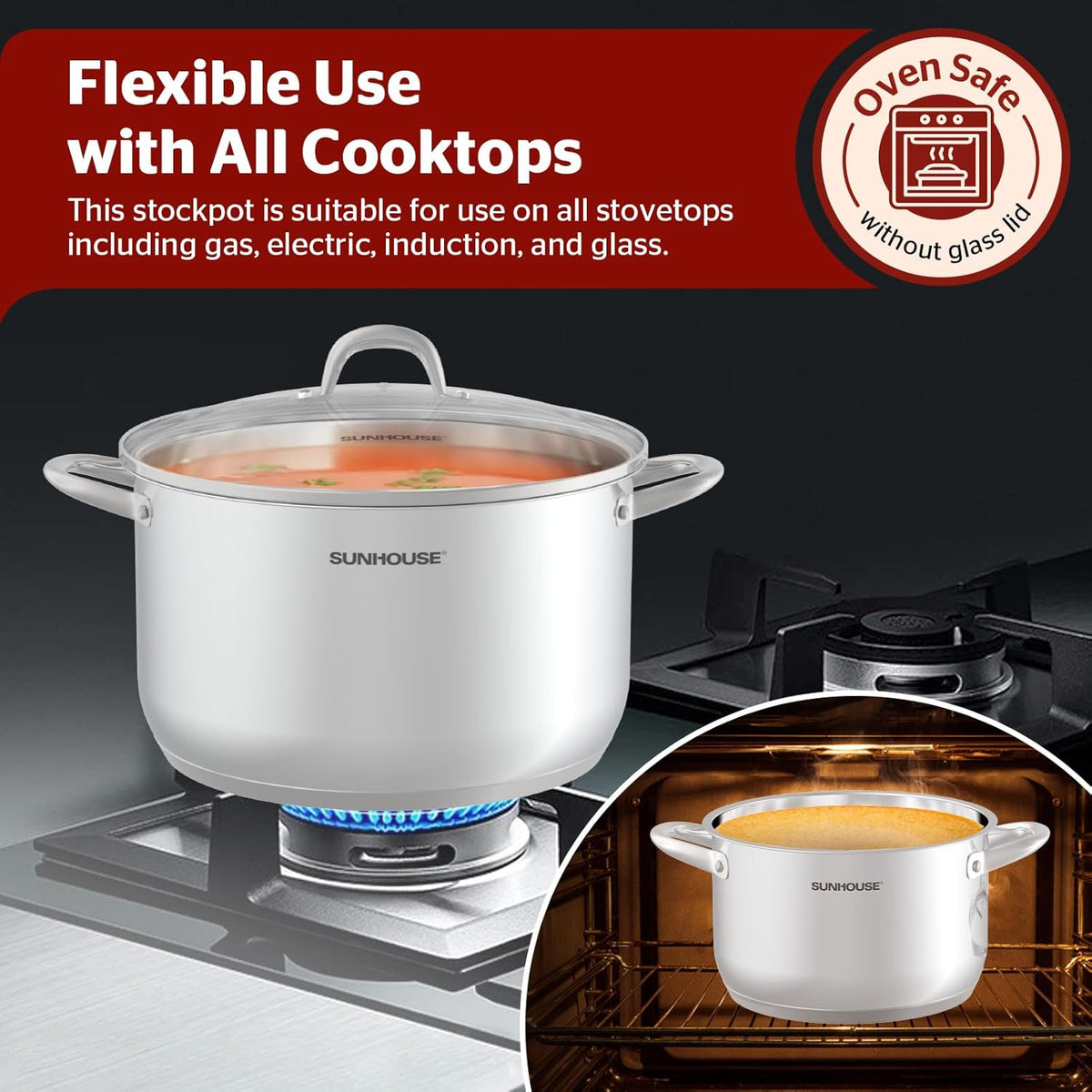 SUNHOUSE 15.5 Quart Stainless Steel Stockpot – Heavy-Duty Induction Pot with Lid and Riveted Handles – Ideal for Soup, Seafood, Stock, Canning, and Catering for Large Groups and Events