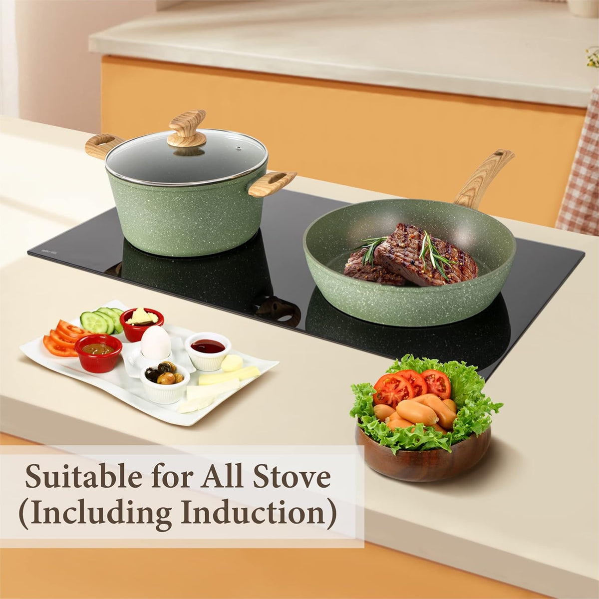Kitchen Academy Non Toxic Pots and Pans Set Non Stick - 12 Piece Induction Cookware Sets, Green Granite Nonstick Cooking Pot and Pan Set, PFOA&PFOS Free