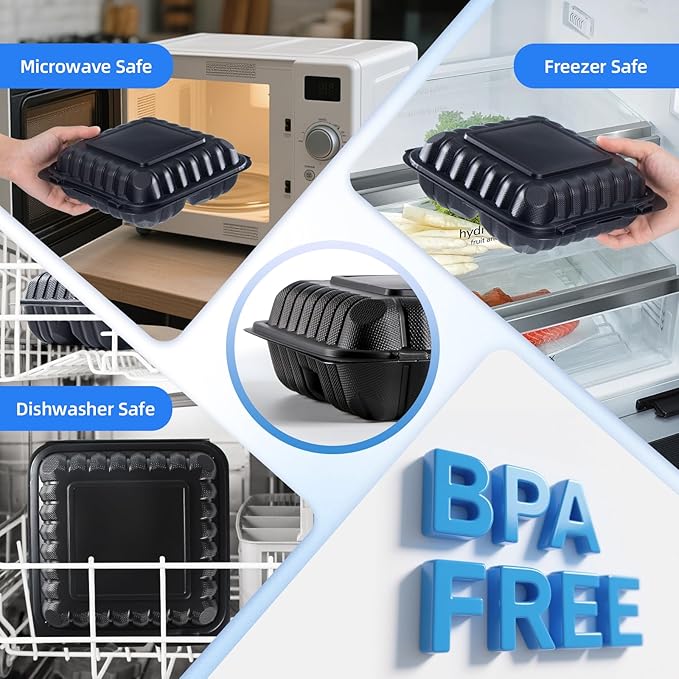 YANGRUI Disposable Containers 7.8" 30 oz 65 Pack - Shrink Wrap BPA Free Mineral Filled PP Plastic Food Container | 3 Compartment Freezer & Microwave Safe | Black Heavy Duty Clamshell Takeout Boxes
