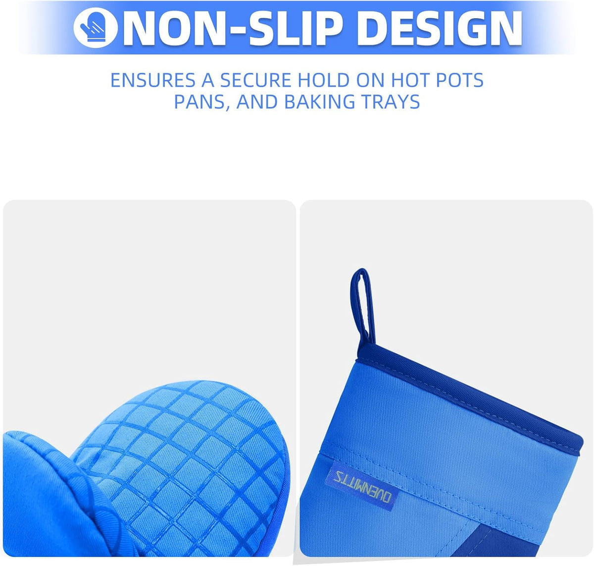 Mini Oven Mitts, Kitchen Oven Gloves Kitchen Mittens 500 Degrees Heat Resistant Baking Gloves, Non-Slip Silicone Surface with Hanging Loops Hot Gloves for Cooking, Baking, BBQ 1 Pair-Blue