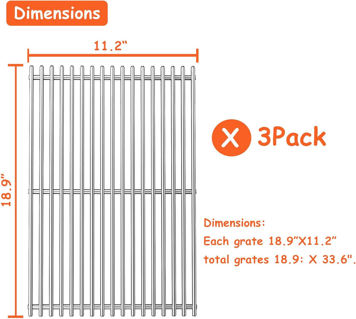 18.7" Cooking Grates for Weber Genesis GS4 Genesis II E-410, E-415, E-435, Genesis II LX E-440 Series Gas Grills, Heavy Duty Stainless Steel Grill Grates for Weber 66089 66097