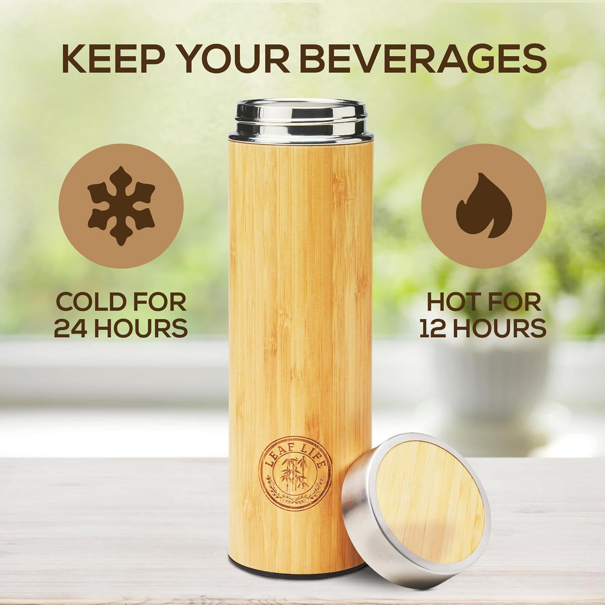 LeafLife Premium Bamboo Tea Bottle for Loose Tea - Tea Infuser Bottle - Tea Gifts - Insulated Water Bottle/Coffee Tumbler/Tea - Tea Gift Set, Tea Accessories - Tea Tumbler 12oz
