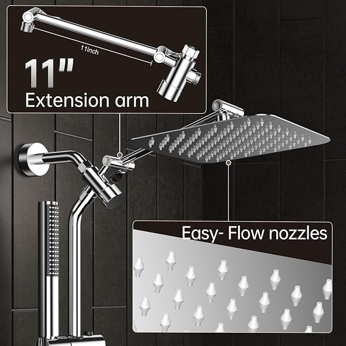 Veken Shower Head, 10'' All Metal Rain Shower Heads with Handheld Spray Combo, Hand Held Bathroom Combo with Extension Arm, Dual shower with Power Wash, Adjustable Rainfall Showerhead, Chrome