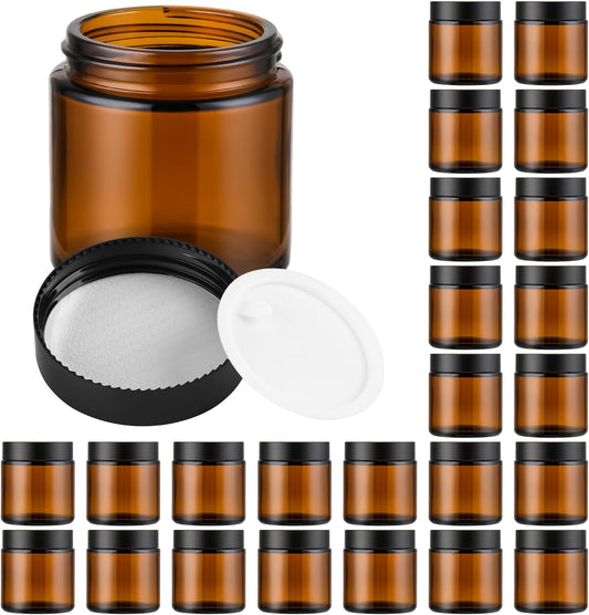 Glass Jars with Lids,Eco-Friendly Cosmetic Containers with Airtight Black Lids & Liners, Multi-Color Options for Cream, Lotion, Body Butter, DIY Skincare Travel Jars (Amber, 4oz)